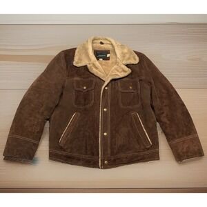 Vintage 70s Suede Sherling Lined Rancher Coat JC Penny Cowhide Leather Western L